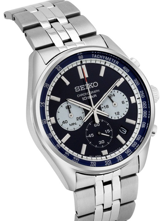 SEIKO Men's Automatic Motion Powered Watch, Patterned Blue Dial, Stainless Steel Bracelet