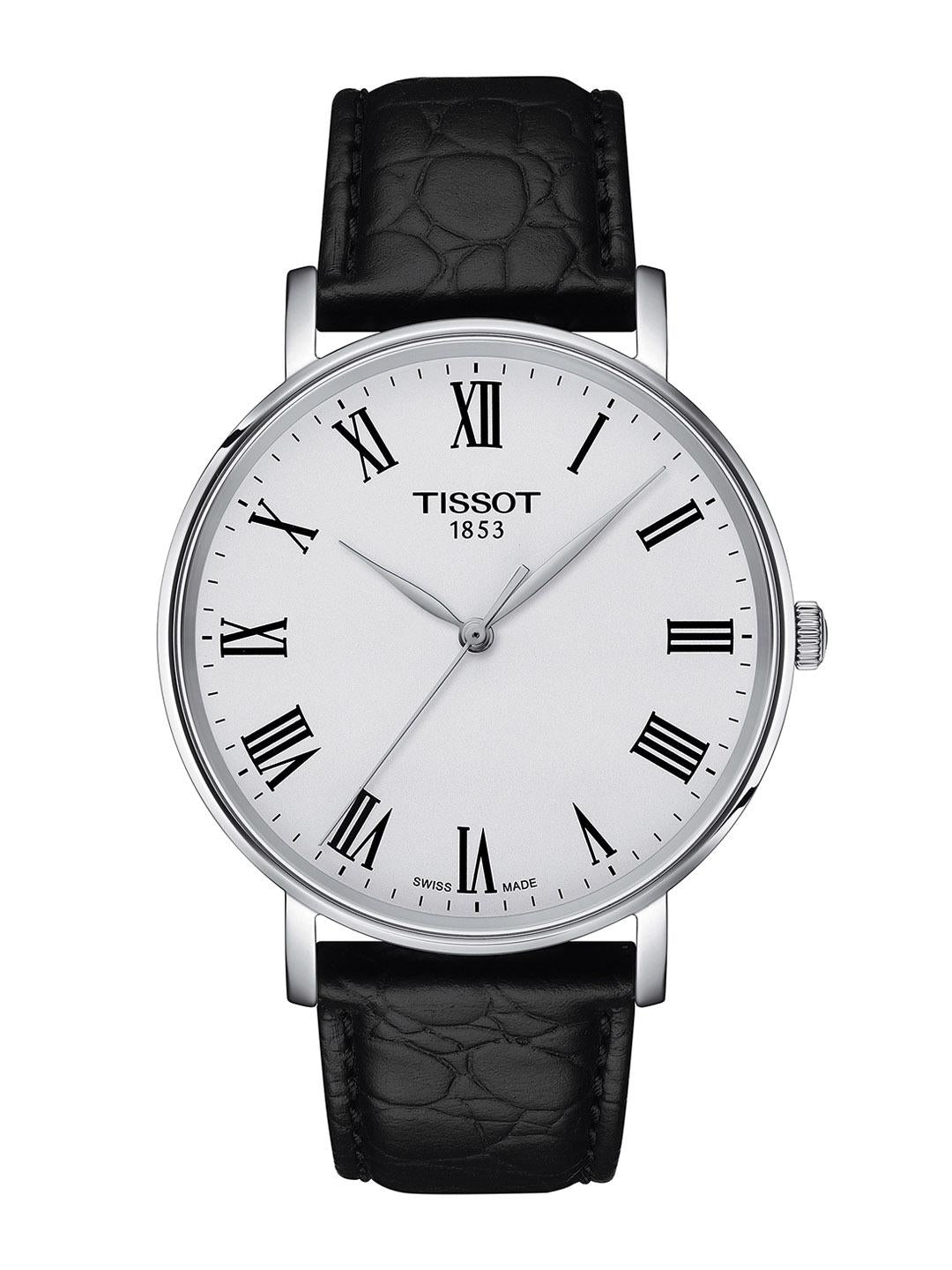 Tissot Men's Classic Analog Watch: Black Leather Strap, White Roman Dial