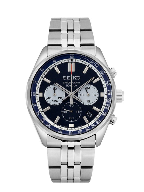 SEIKO Men's Automatic Motion Powered Watch, Patterned Blue Dial, Stainless Steel Bracelet