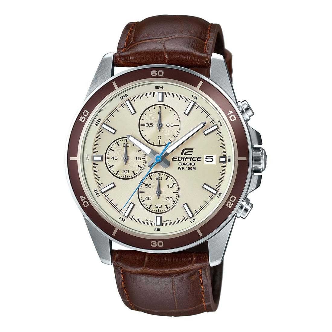 Casio Edifice Men's Chronograph Watch: Beige Dial, Brown Leather Band, 100M Water Resistant