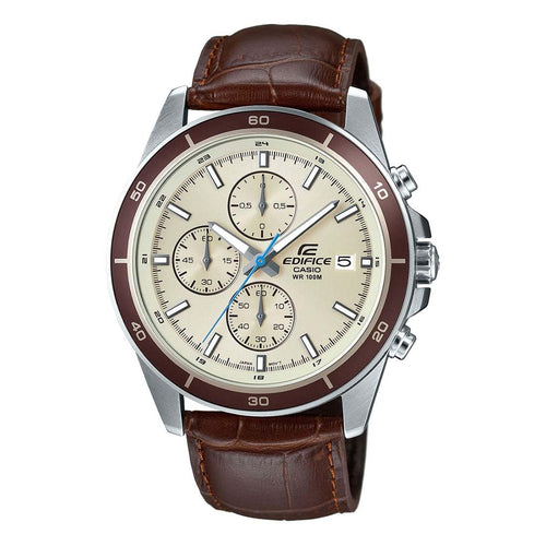 Casio Edifice Chronograph Watch: Beige Dial, Brown Leather Band, 100M Water Resistant