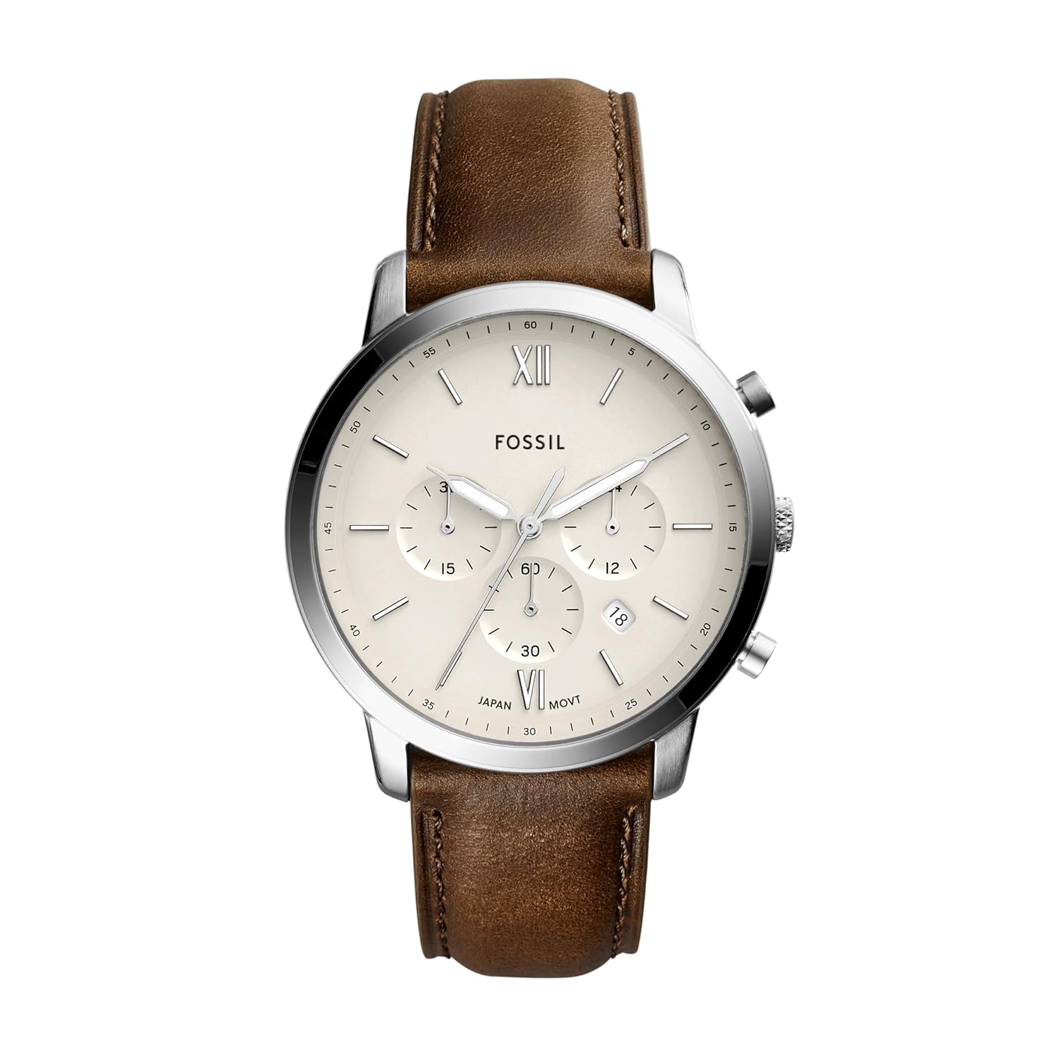 Fossil Men's Off-White Dial Analog Quartz Chronograph Watch with Brown Leather Band
