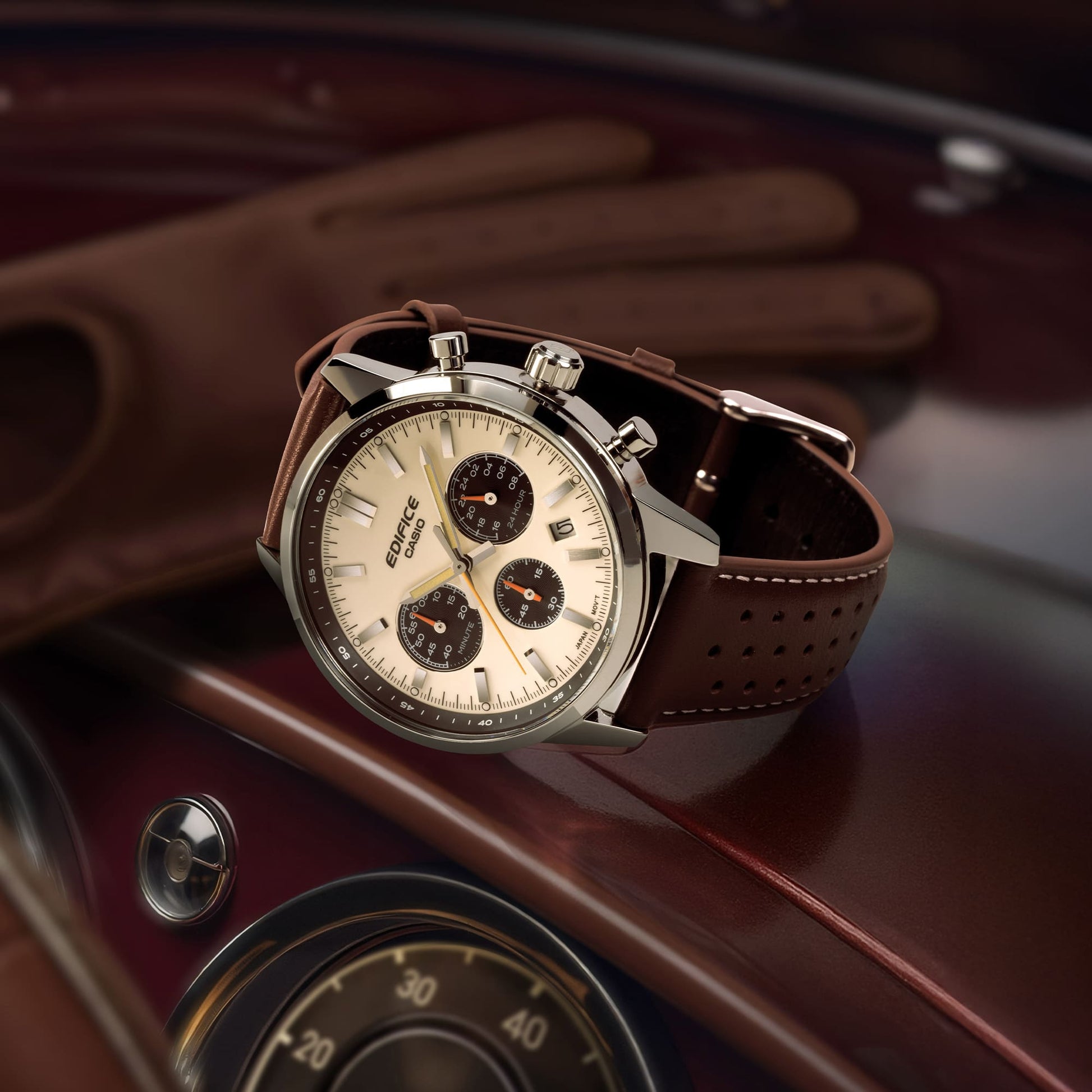 Casio Edifice Sportscar Chronograph Watch: Two-Tone Dial, Leather Band