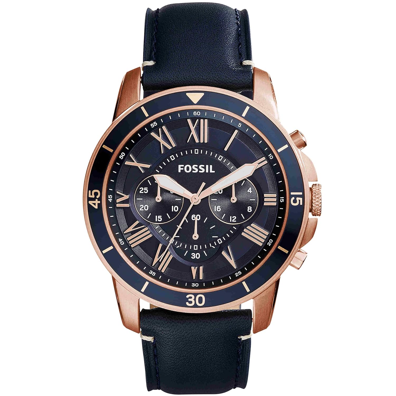 Fossil Grant Sport Men's Blue Dial Watch - Rose Gold Stainless Steel, Leather