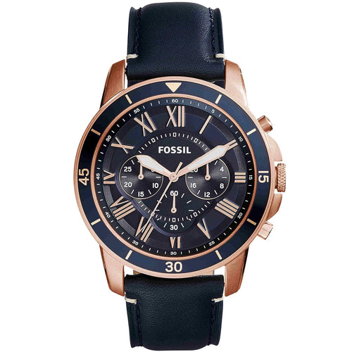 Fossil Grant Sport Men's Blue Dial Watch - Rose Gold Stainless Steel, Leather