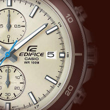 Casio Edifice Men's Chronograph Watch: Beige Dial, Brown Leather Band, 100M Water Resistant