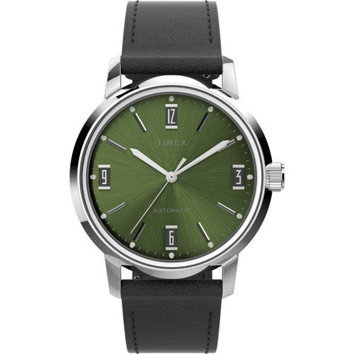 Timex Marlin Automatic 40mm Watch: Green Dial, Black Leather Strap, Self-Winding