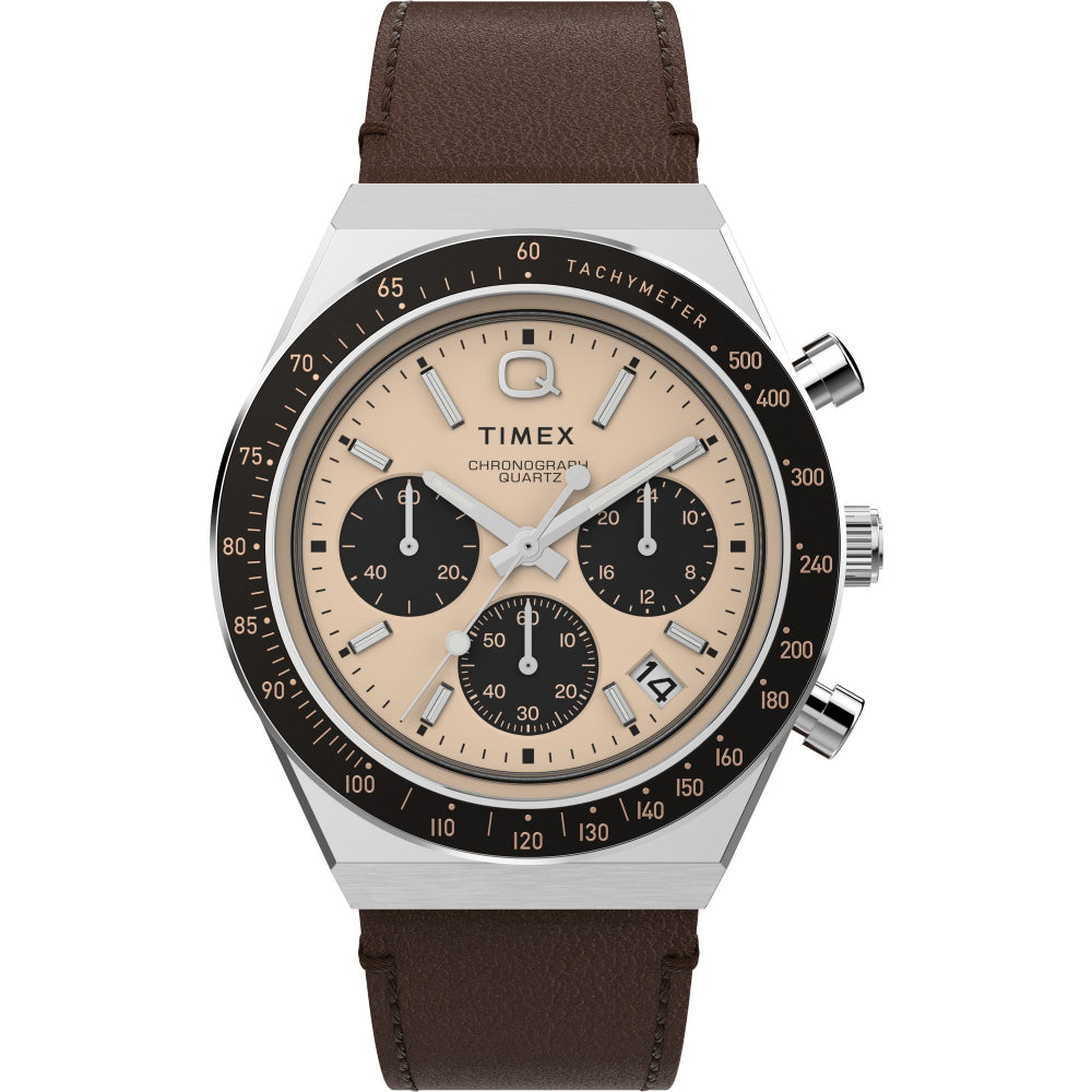 Q Timex 40mm Chronograph Watch: Racing Inspired, Salmon Dial, Brown Leather Strap