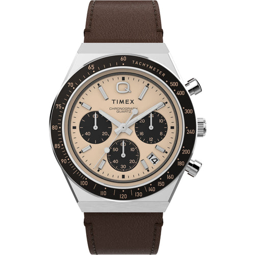 Q Timex 40mm Chronograph Watch: Racing Inspired, Salmon Dial, Brown Leather Strap