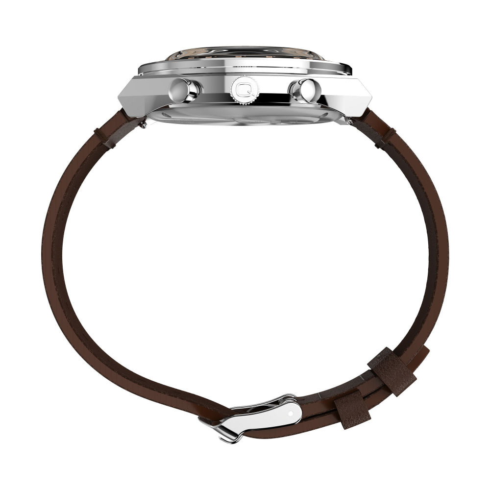 Q Timex 40mm Chronograph Watch: Racing Inspired, Salmon Dial, Brown Leather Strap