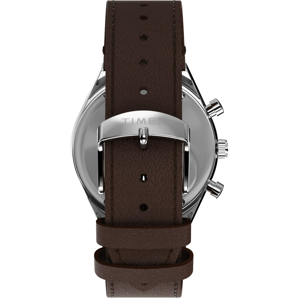 Q Timex 40mm Chronograph Watch: Racing Inspired, Salmon Dial, Brown Leather Strap