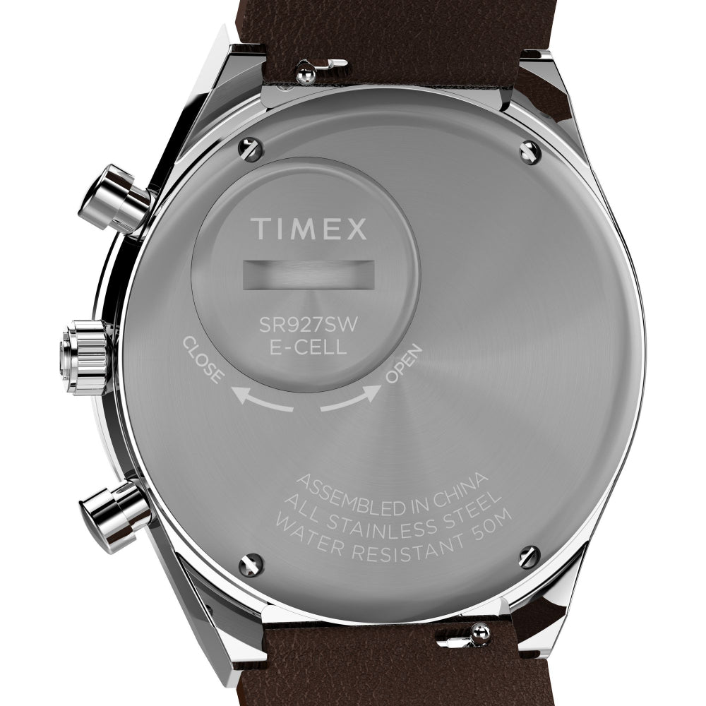 Q Timex 40mm Chronograph Watch: Racing Inspired, Salmon Dial, Brown Leather Strap