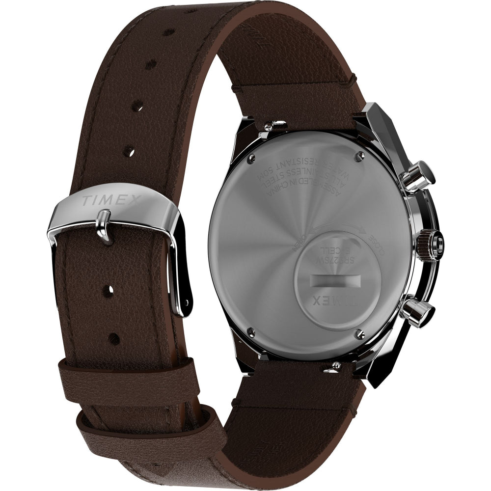 Q Timex 40mm Chronograph Watch: Racing Inspired, Salmon Dial, Brown Leather Strap