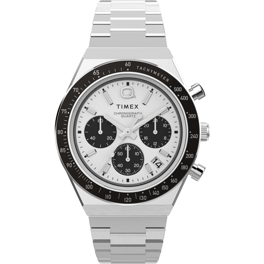 Q Timex 40mm Stainless Steel Chronograph Watch, White Dial, Durable Bracelet