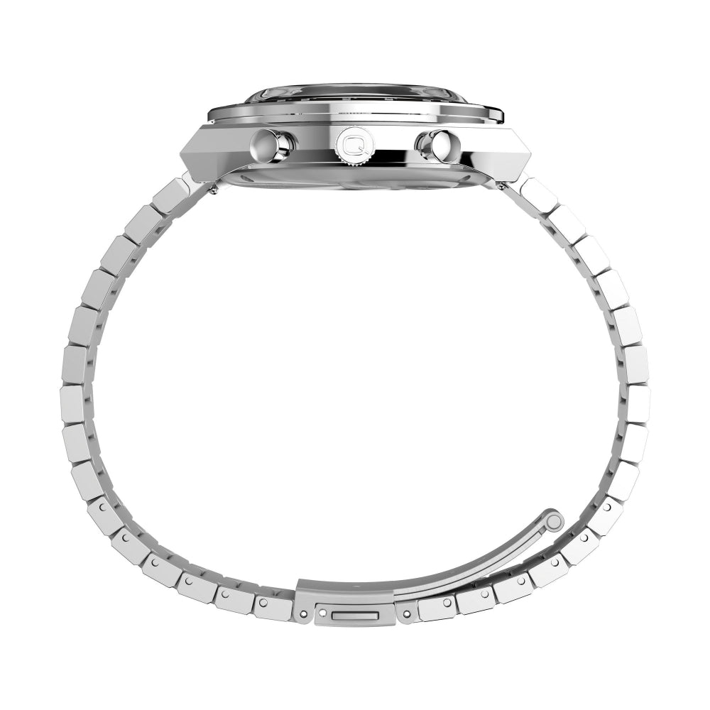 Q Timex 40mm Stainless Steel Chronograph Watch, White Dial, Durable Bracelet