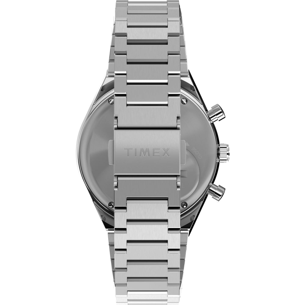 Q Timex 40mm Stainless Steel Chronograph Watch, White Dial, Durable Bracelet