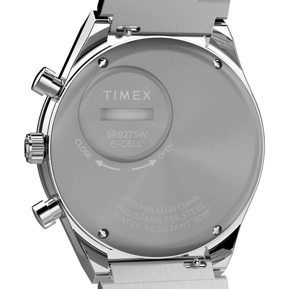Q Timex 40mm Stainless Steel Chronograph Watch, White Dial, Durable Bracelet