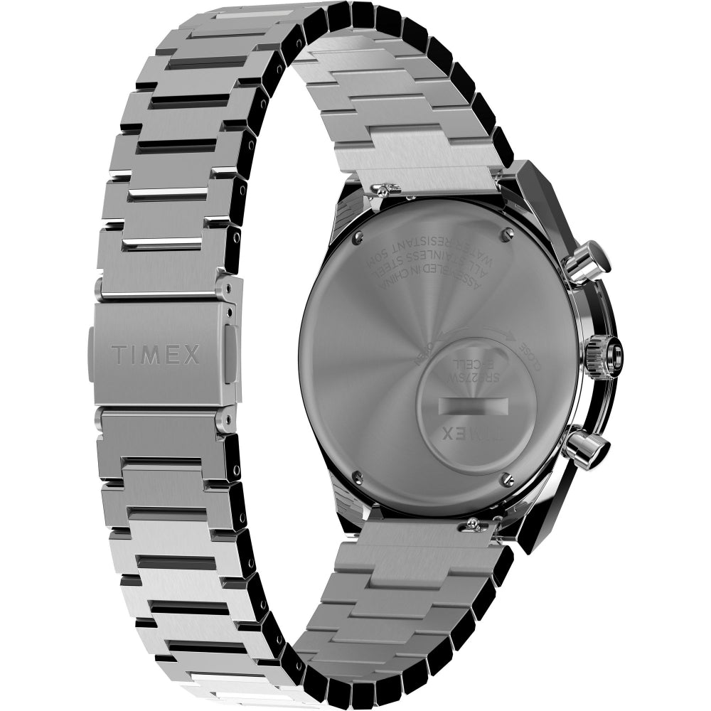 Q Timex 40mm Stainless Steel Chronograph Watch, White Dial, Durable Bracelet