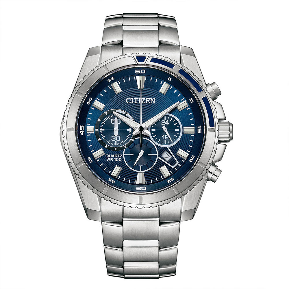Citizen Men's Quartz Chronograph Watch, Blue Dial, Stainless Steel, Water Resistant