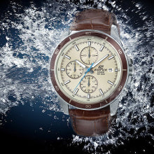 Casio Edifice Men's Chronograph Watch: Beige Dial, Brown Leather Band, 100M Water Resistant