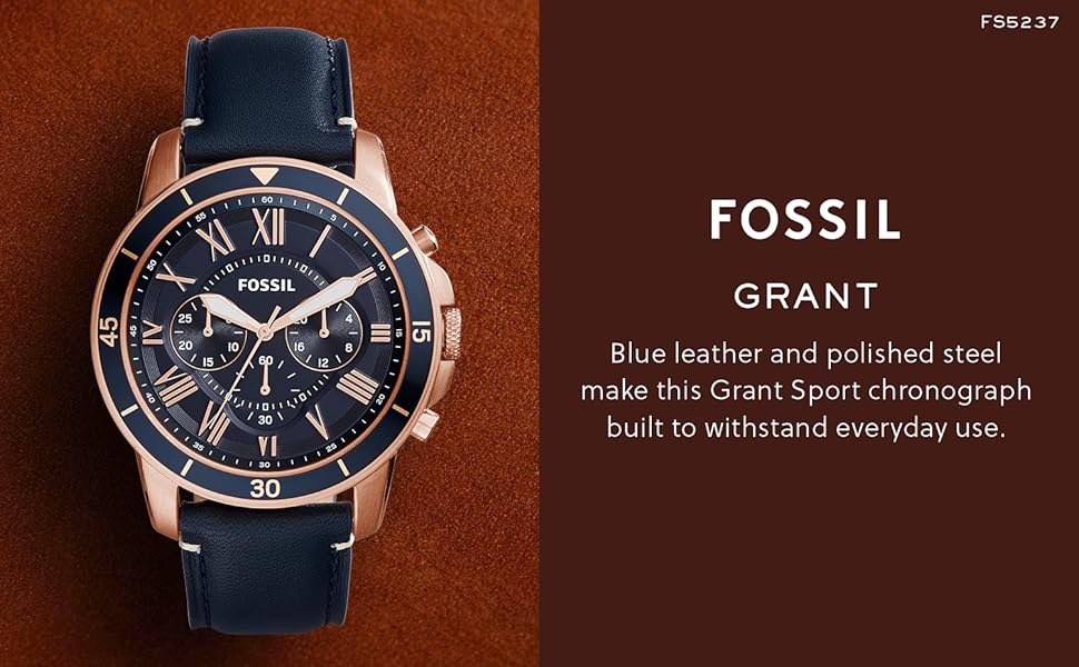 Fossil Grant Sport Men's Blue Dial Watch - Rose Gold Stainless Steel, Leather