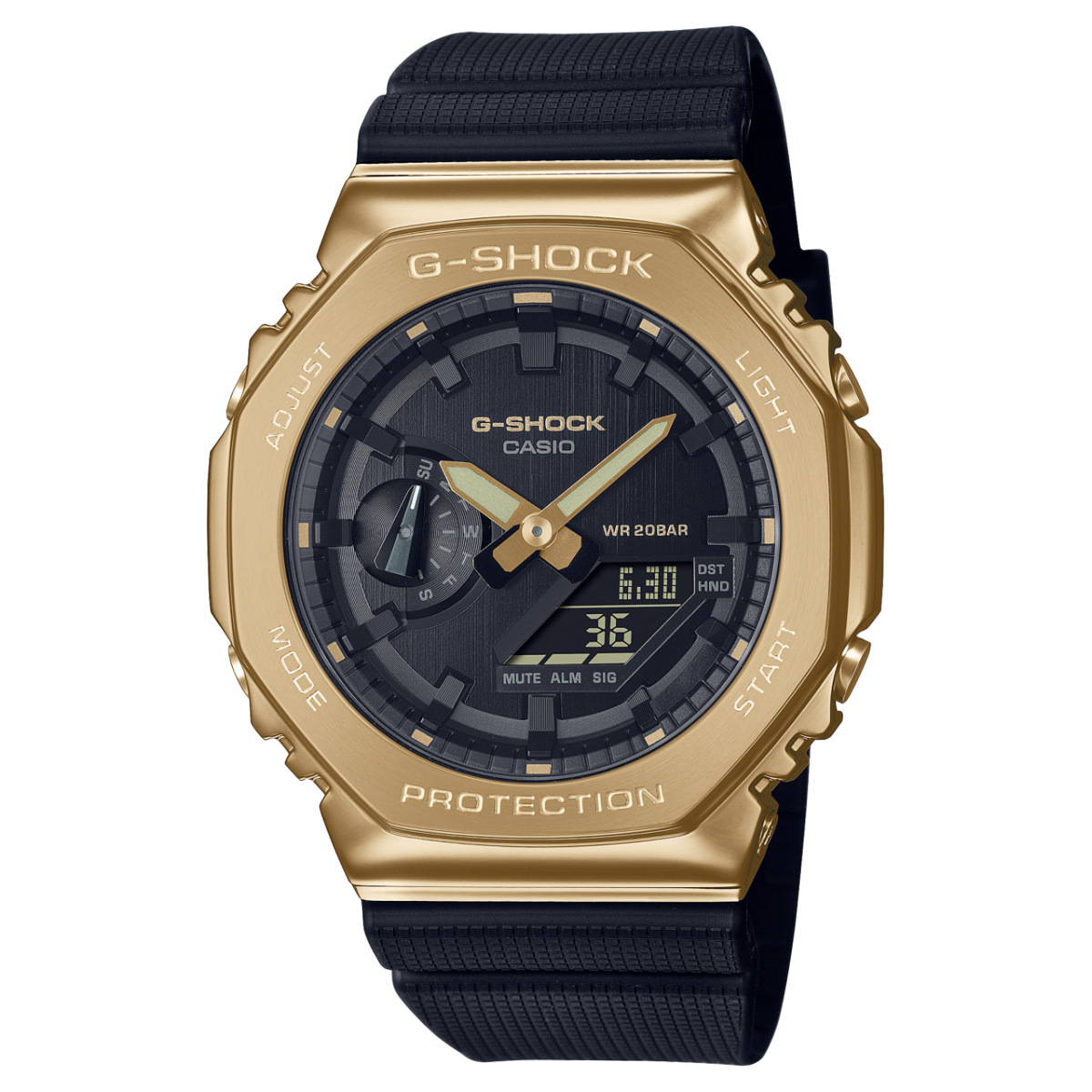 Casio G-SHOCK 2100 Series Gold Metal Bezel Black Resin Shock Resistant Watch
