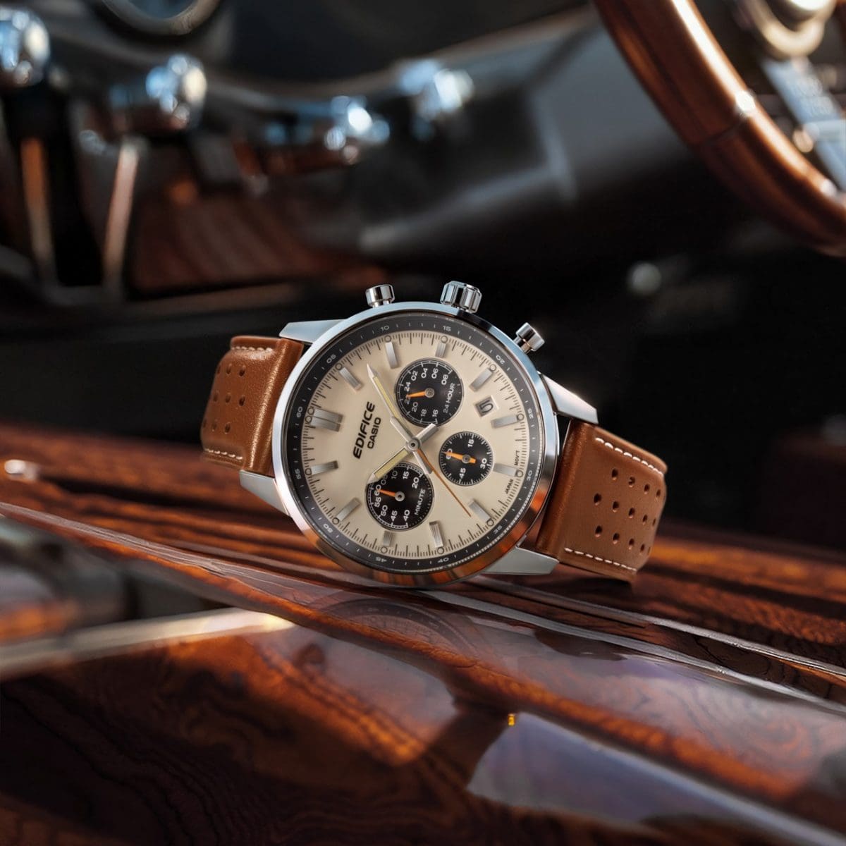 Casio Edifice Sportscar Chronograph Watch: Two-Tone Dial, Leather Band