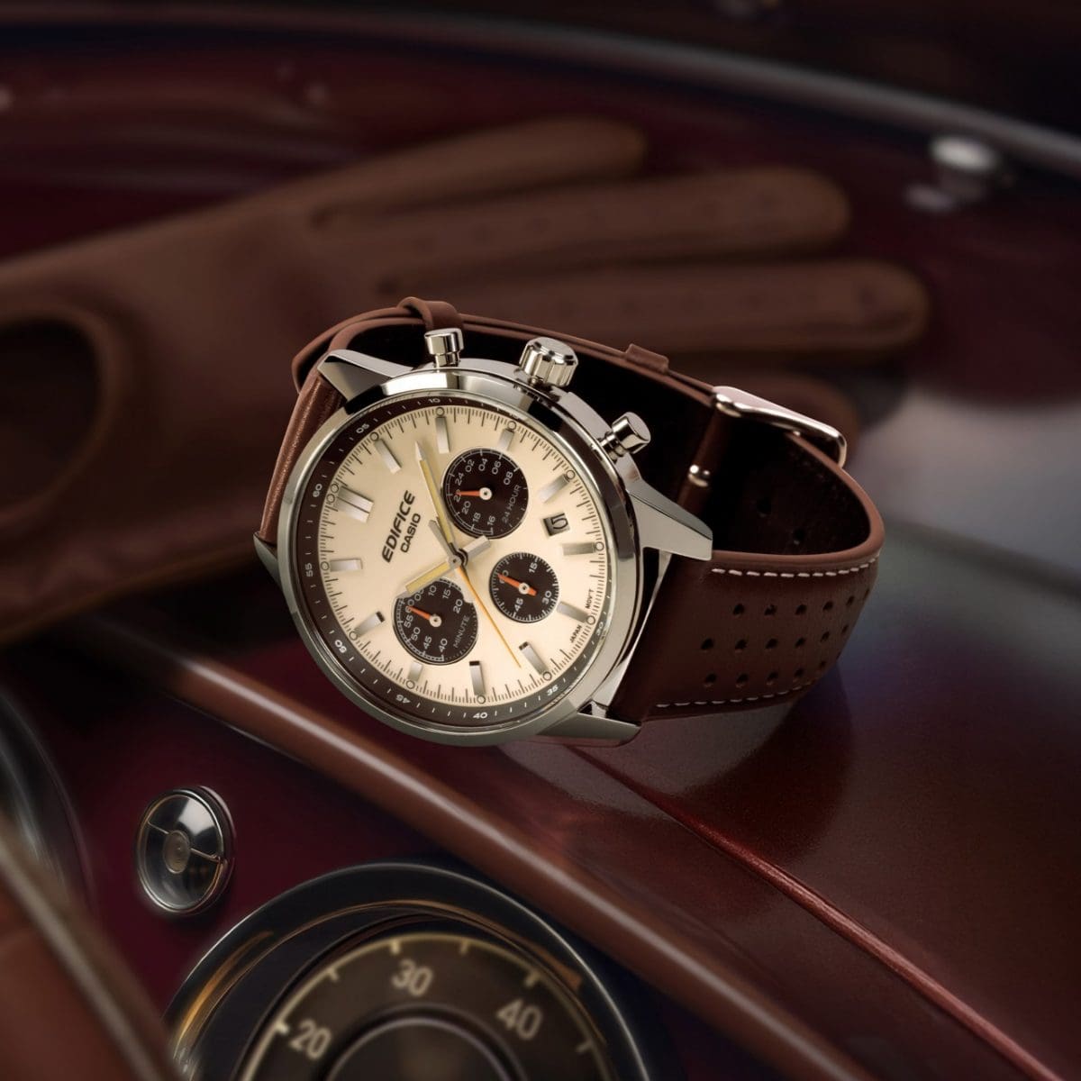 Casio Edifice Sportscar Chronograph Watch: Two-Tone Dial, Leather Band
