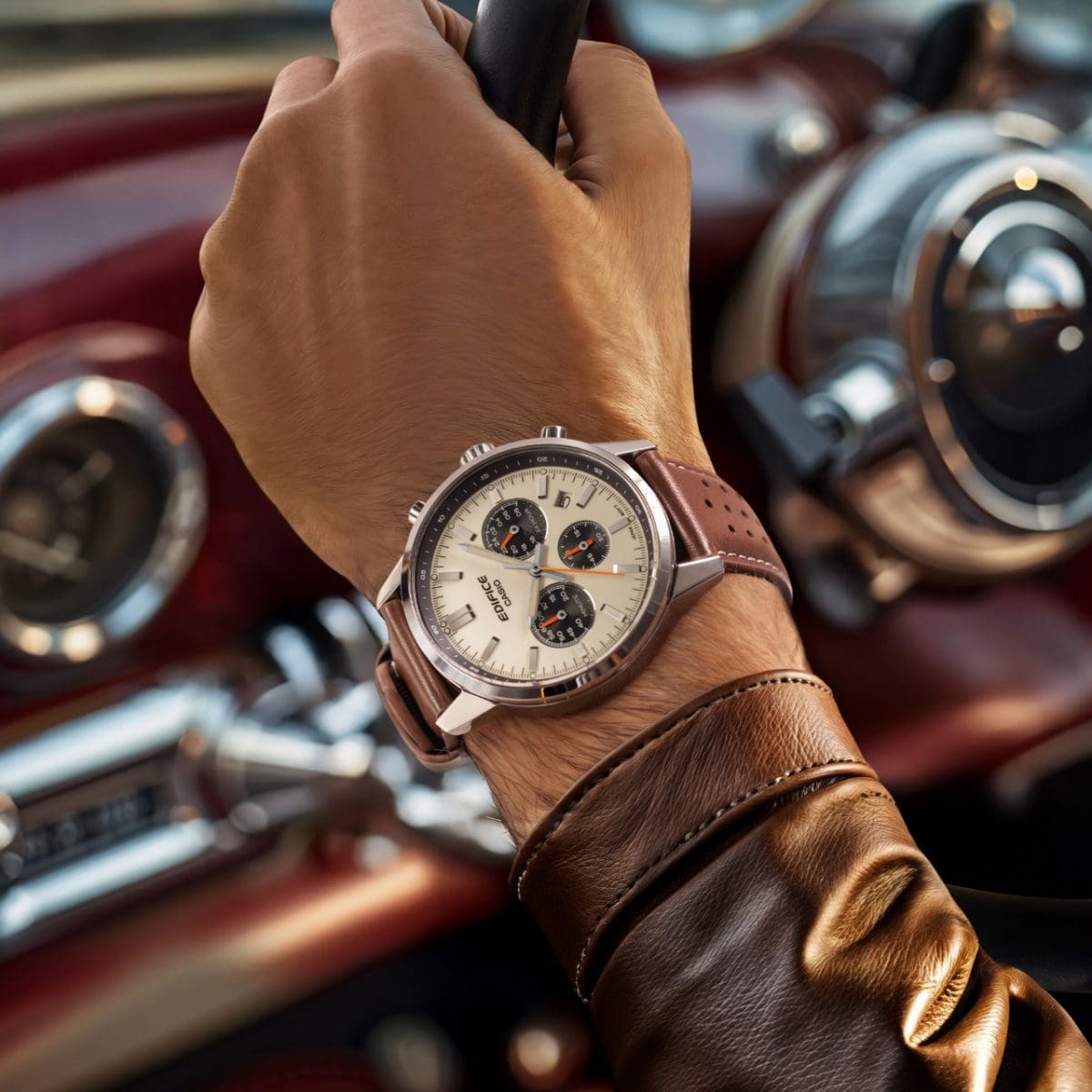 Casio Edifice Sportscar Chronograph Watch: Two-Tone Dial, Leather Band