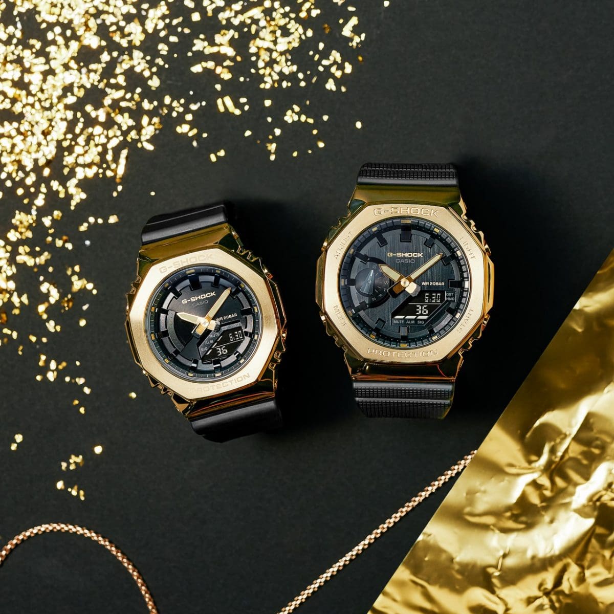 Casio G-SHOCK 2100 Series Gold Metal Bezel Black Resin Shock Resistant Watch
