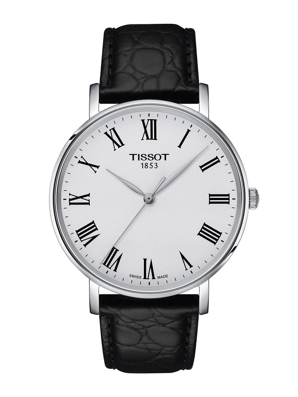 Tissot Men's Classic Analog Watch: Black Leather Strap, White Roman Dial