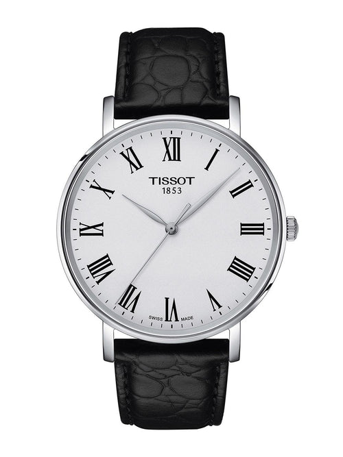 Tissot Men's Classic Analog Watch: Black Leather Strap, White Roman Dial