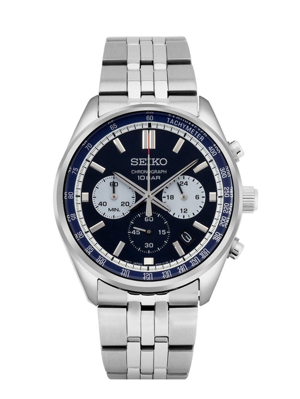 SEIKO Men's Automatic Motion Powered Watch, Patterned Blue Dial, Stainless Steel Bracelet