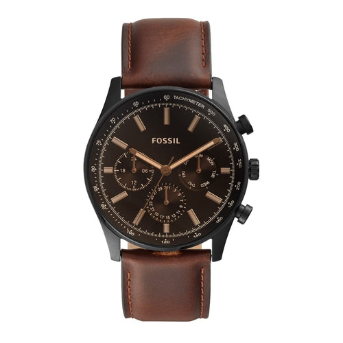 Fossil Sullivan Men's Analog Watch with Black Dial, Brown Leather Strap