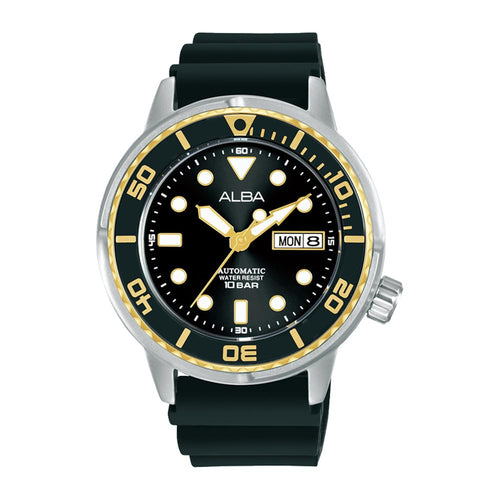 Alba Men's Automatic Dive Watch: Black Dial, Durable Silicone Band, Water Resistant