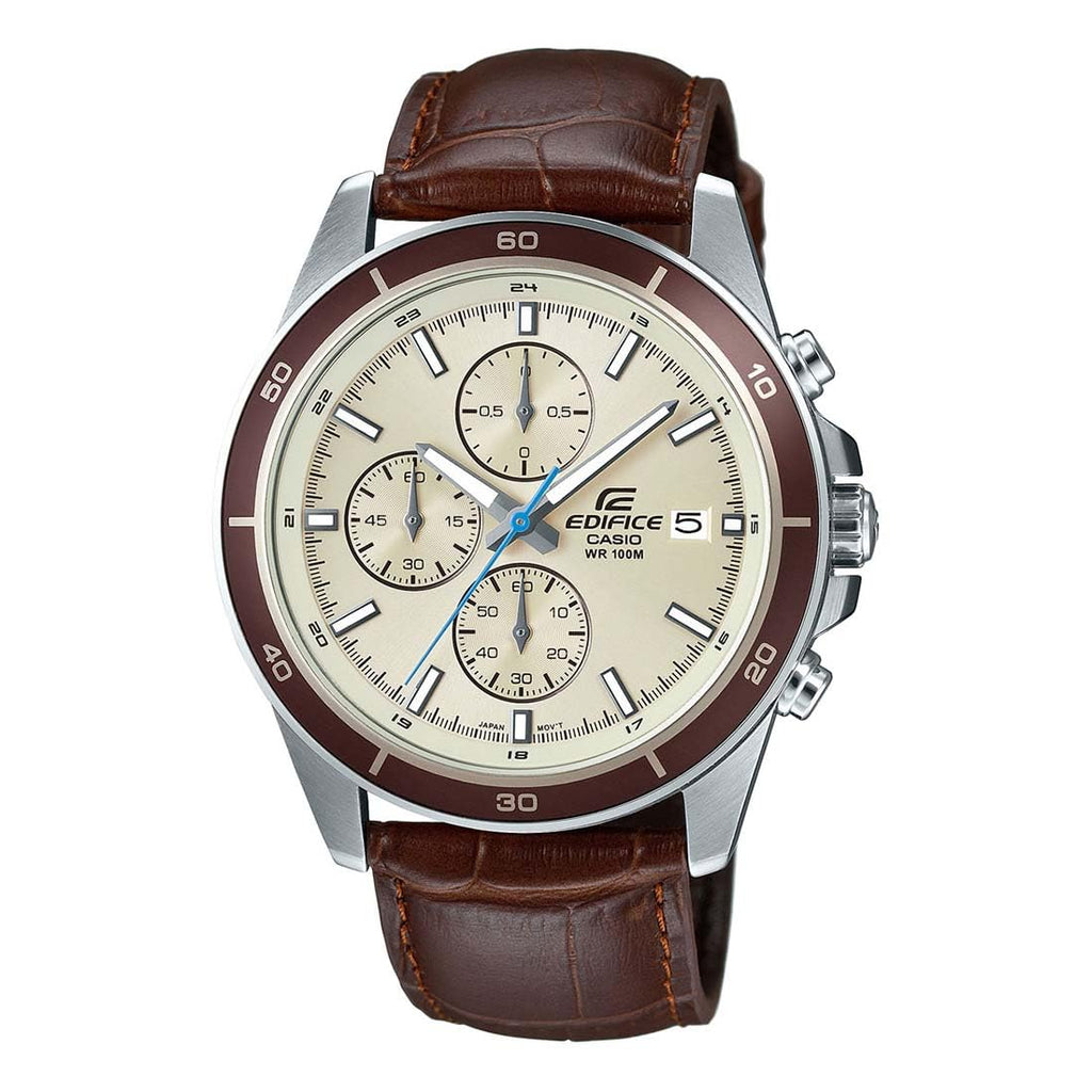 Casio Edifice Men's Chronograph Watch: Beige Dial, Brown Leather Band, 100M Water Resistant