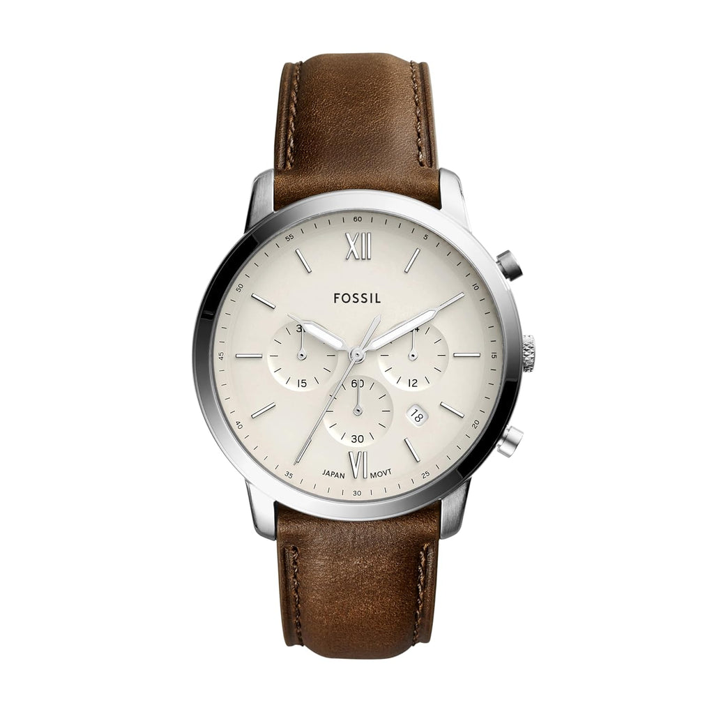 Fossil Men's Off-White Dial Analog Quartz Chronograph Watch with Brown Leather Band