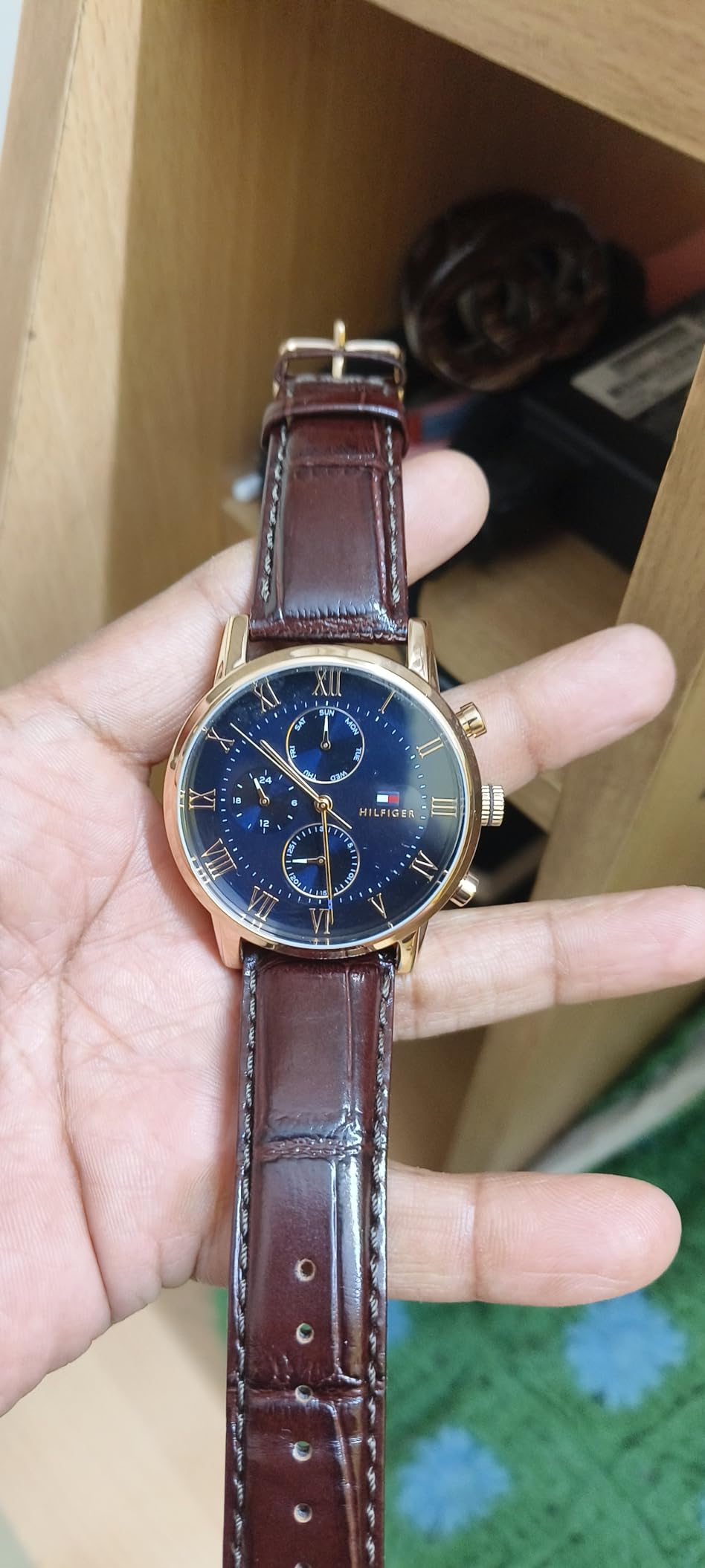 Tommy Hilfiger Men's Blue Dial Quartz Analog Watch with Brown Leather Strap