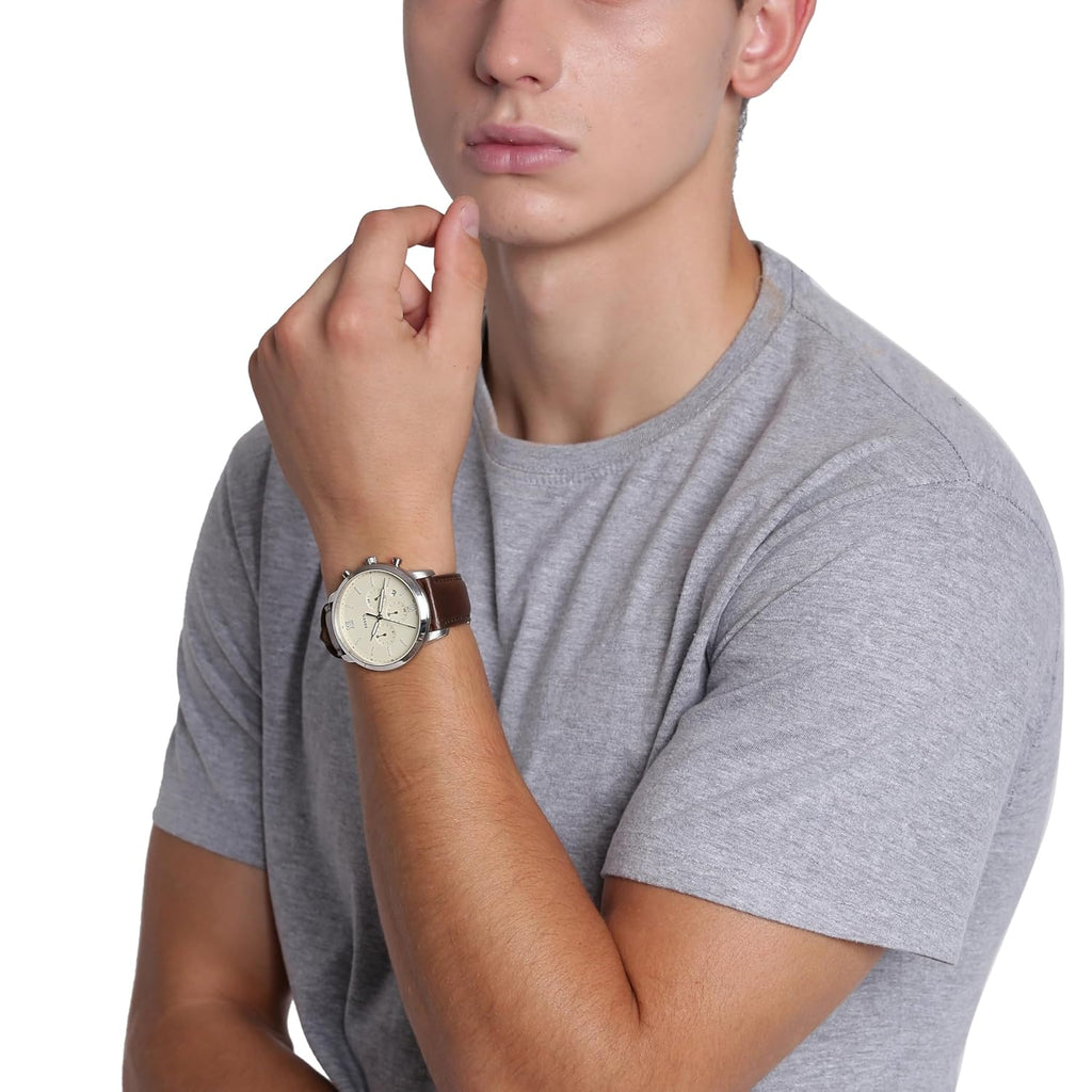 Fossil Men's Off-White Dial Analog Quartz Chronograph Watch with Brown Leather Band