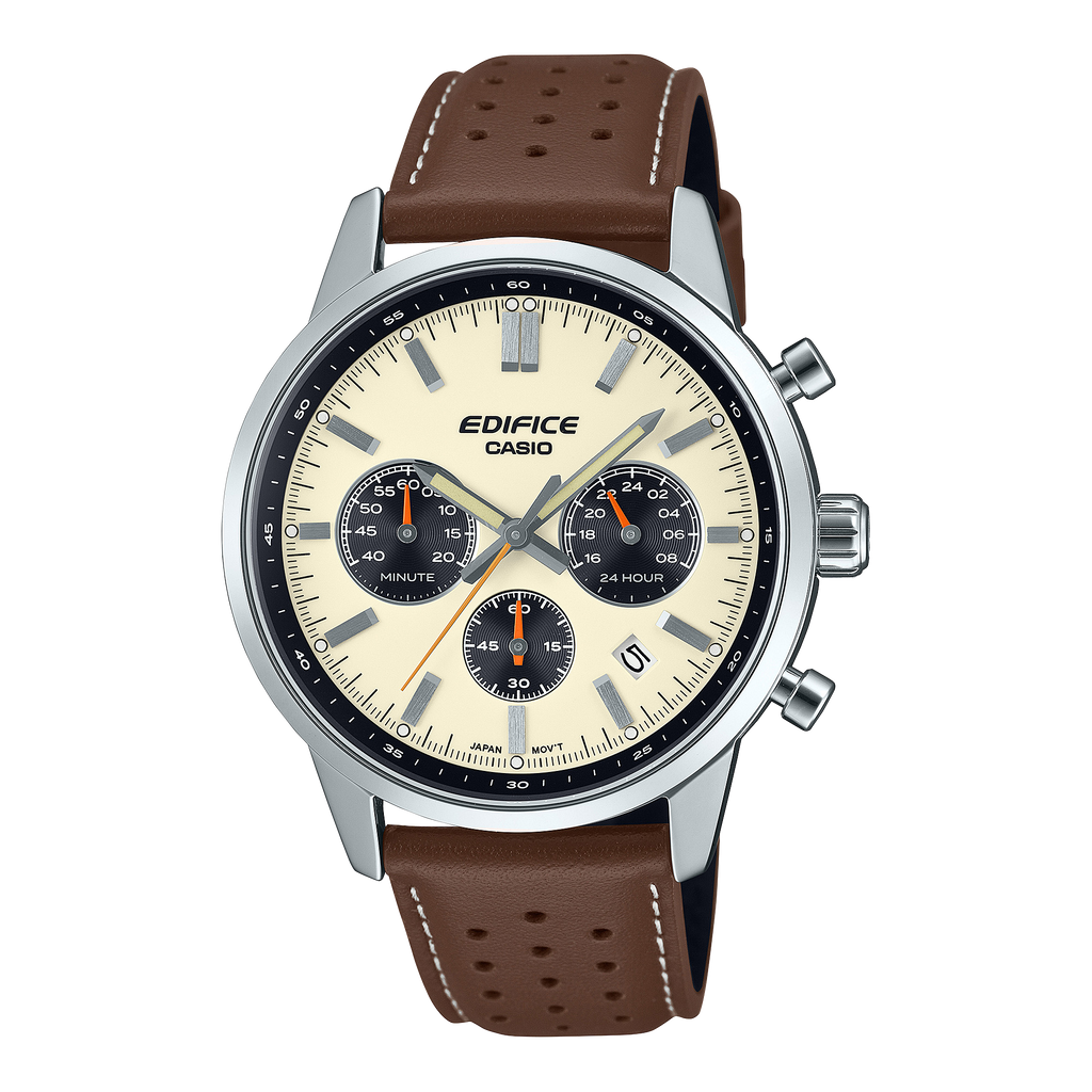 Casio Edifice Sportscar Chronograph Watch: Two-Tone Dial, Leather Band