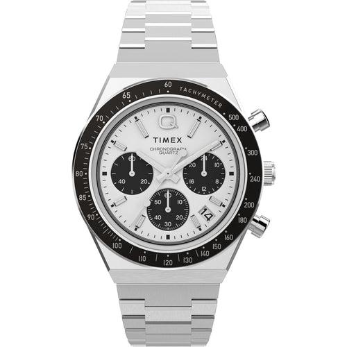 Q Timex 40mm Stainless Steel Chronograph Watch, White Dial, Durable Bracelet