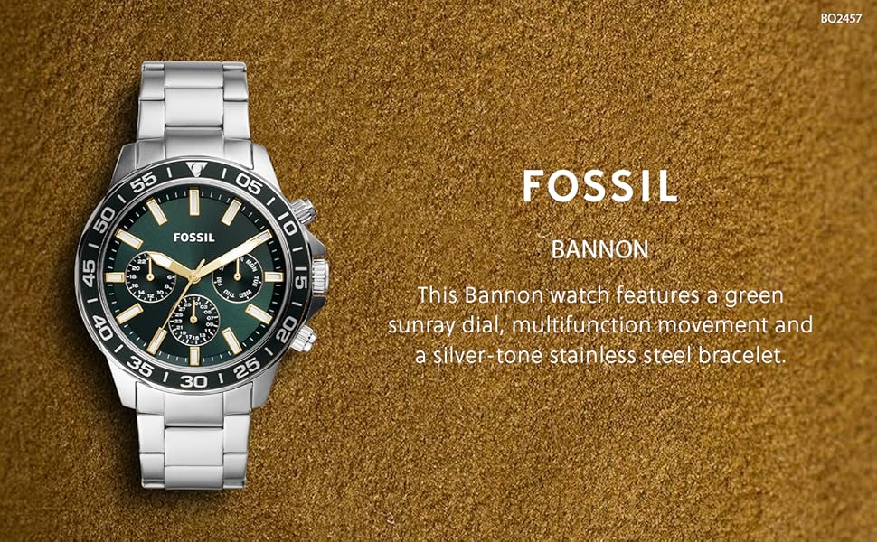 Fossil Bannon Analog Green Dial Men's Watch, Stainless Steel, Multifunction, Durable