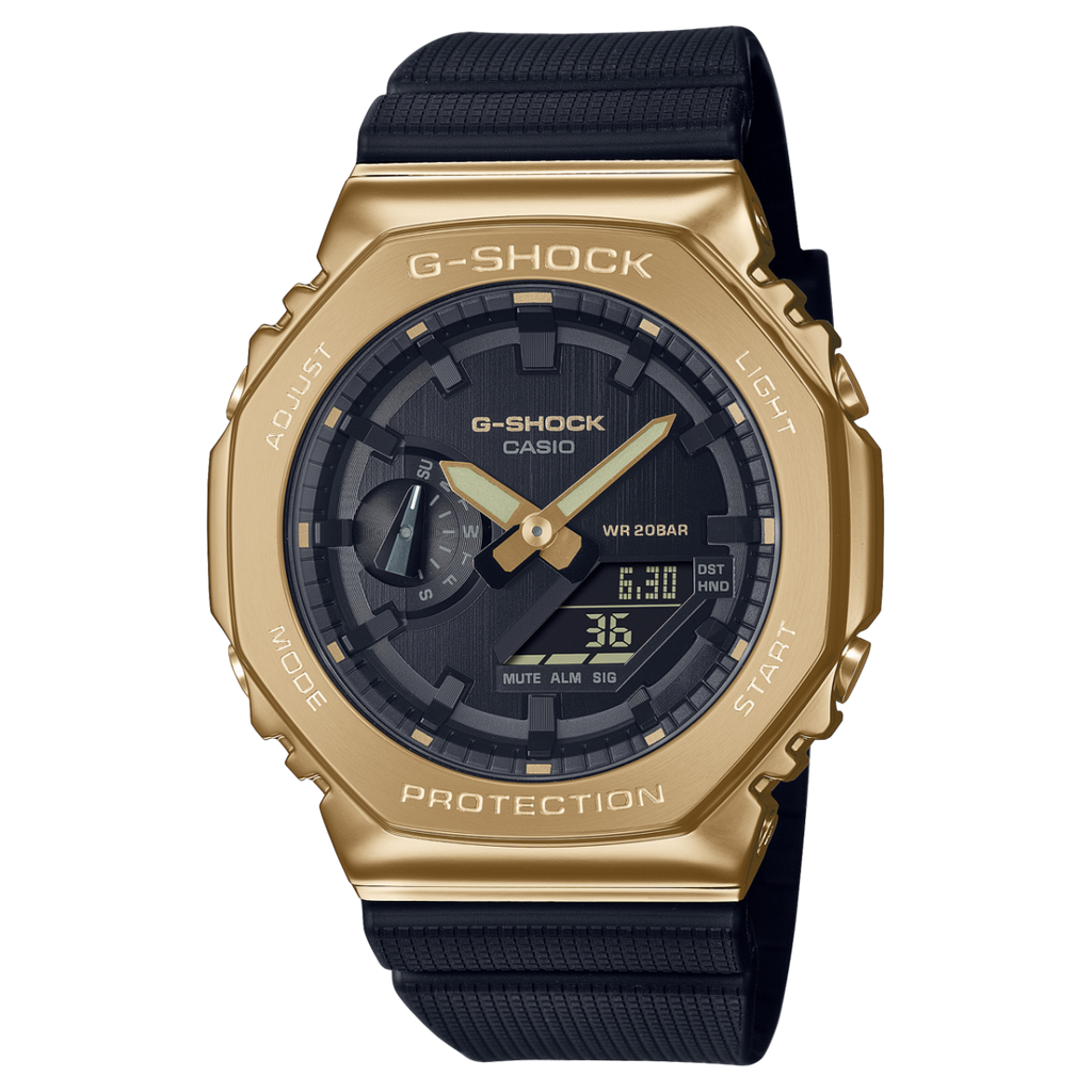 Casio G-SHOCK 2100 Series Gold Metal Bezel Black Resin Shock Resistant Watch