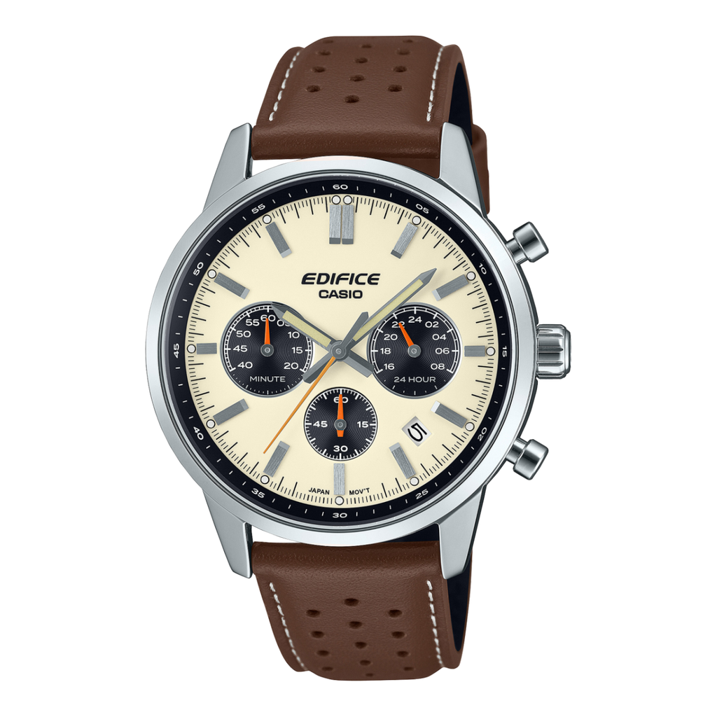 Casio Edifice Sportscar Chronograph Watch: Two-Tone Dial, Leather Band